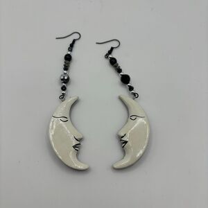 two tone black white whimsical celestial moon beaded dangly earrings